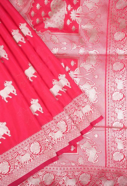 Strawberry Pink Banaras Sarees with Silver Zari Buttis (small Dots Or Motifs)
