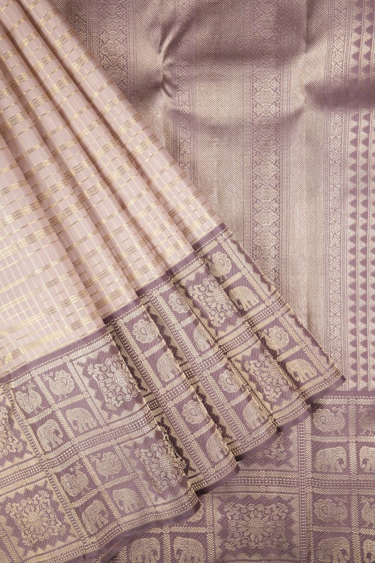 Salmon Pink Kanchipuram Silk Sarees with Gold Zari Checks view 1