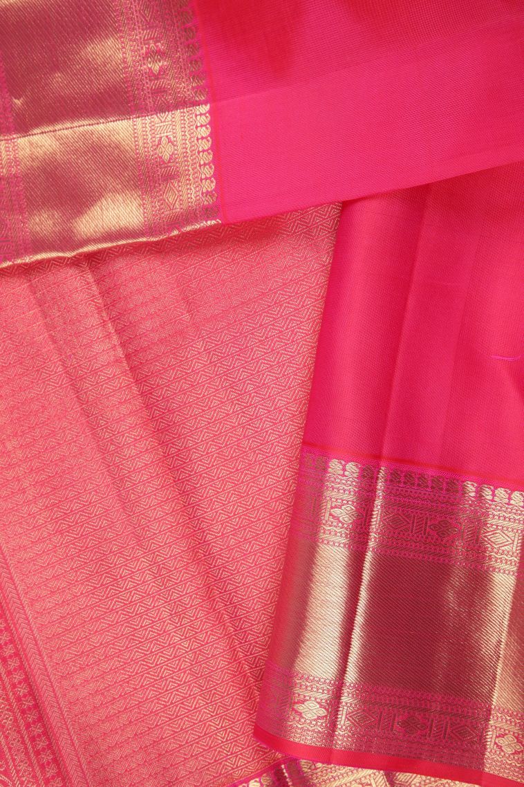 Strawberry Pink Kanchipuram Silk Sarees with Gold Zari Floral Patterns view 3