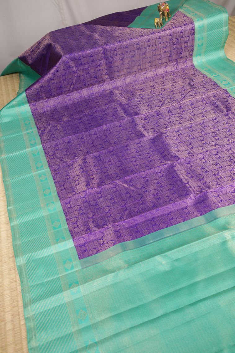 Viola Purple Kanchipuram Silk Sarees with Gold Zari Floral Patterns view 2