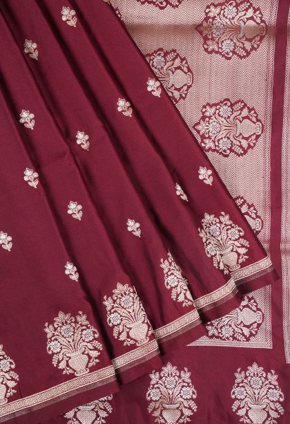 Berry Red Banaras Sarees with Gold Zari Buttis (small Dots Or Motifs)