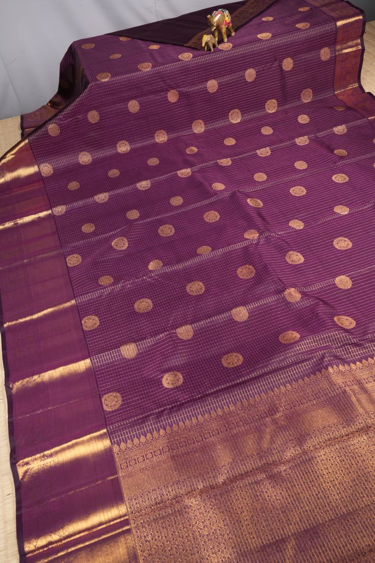 Bosenberry Purple Kanchipuram Silk Sarees with Gold Zari Checks view 2