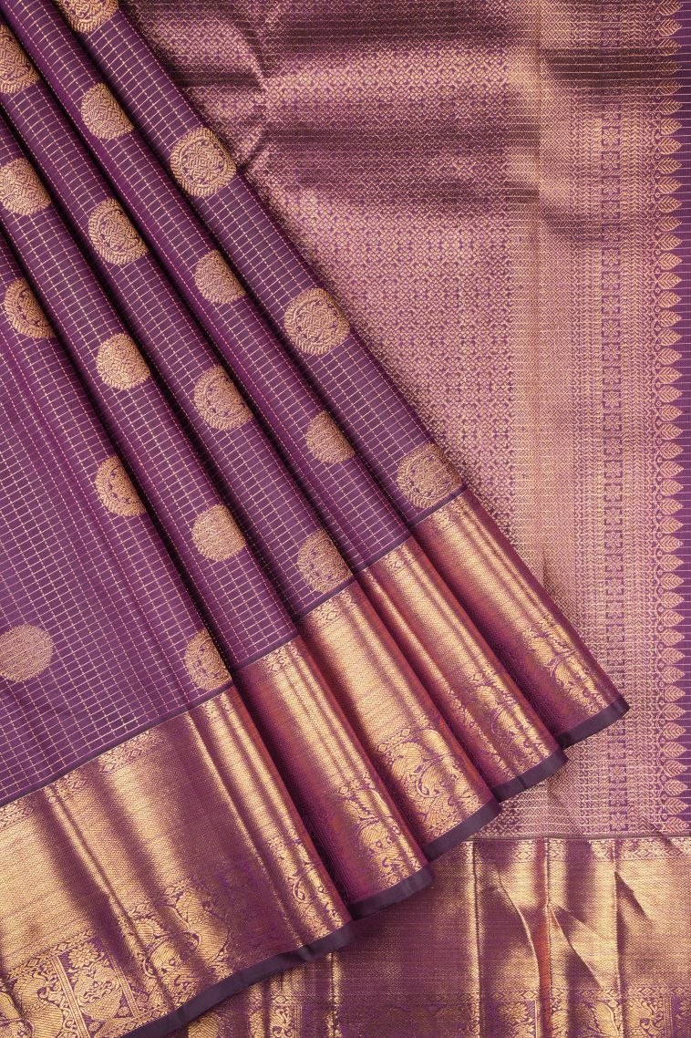 Bosenberry Purple Kanchipuram Silk Sarees with Gold Zari Checks view 1