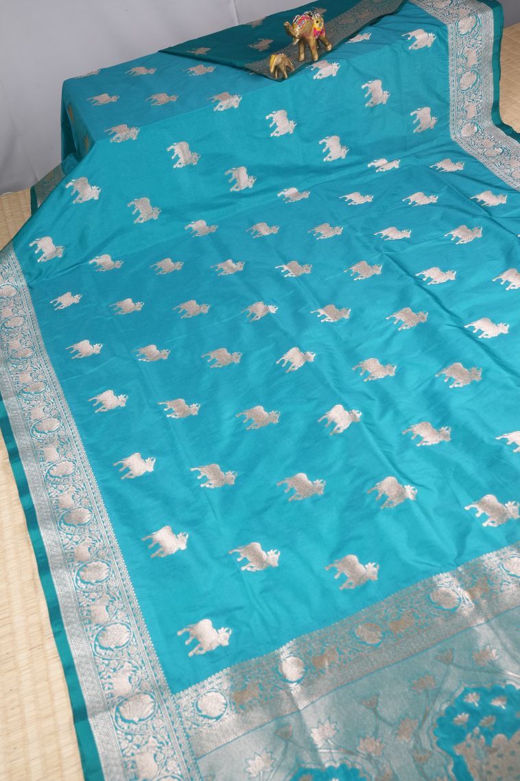 Arctic Blue Banaras Sarees with Gold Zari Buttis (small Dots Or Motifs) view 2