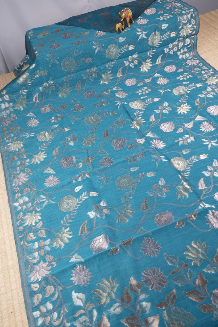 Cerulean Blue Tussar Saree with Silver Zari Floral Patterns view 2