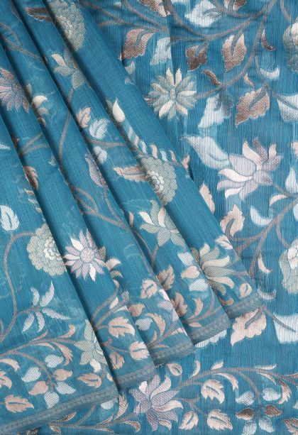 Cerulean Blue Tussar Saree with Silver Zari Floral Patterns