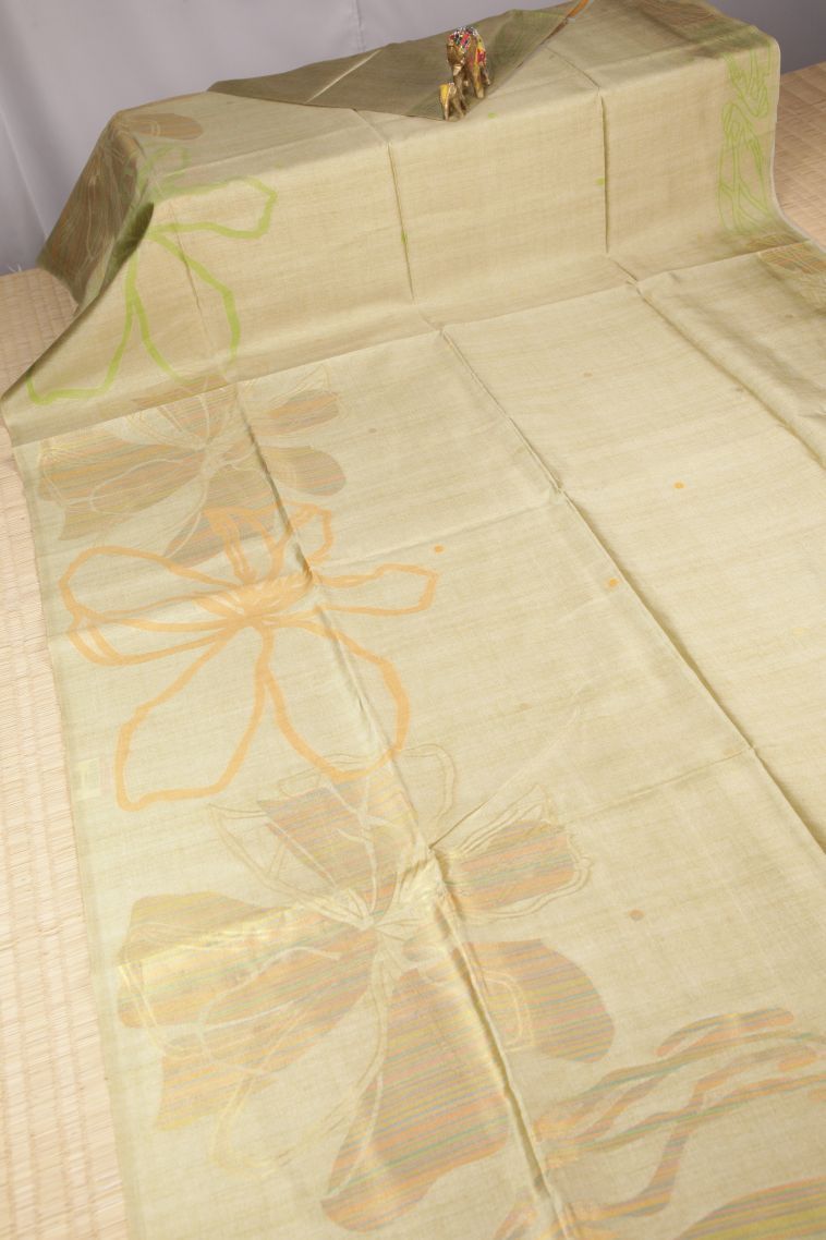 Cream White Tussar Saree with Without Zari Zari Floral Patterns view 2