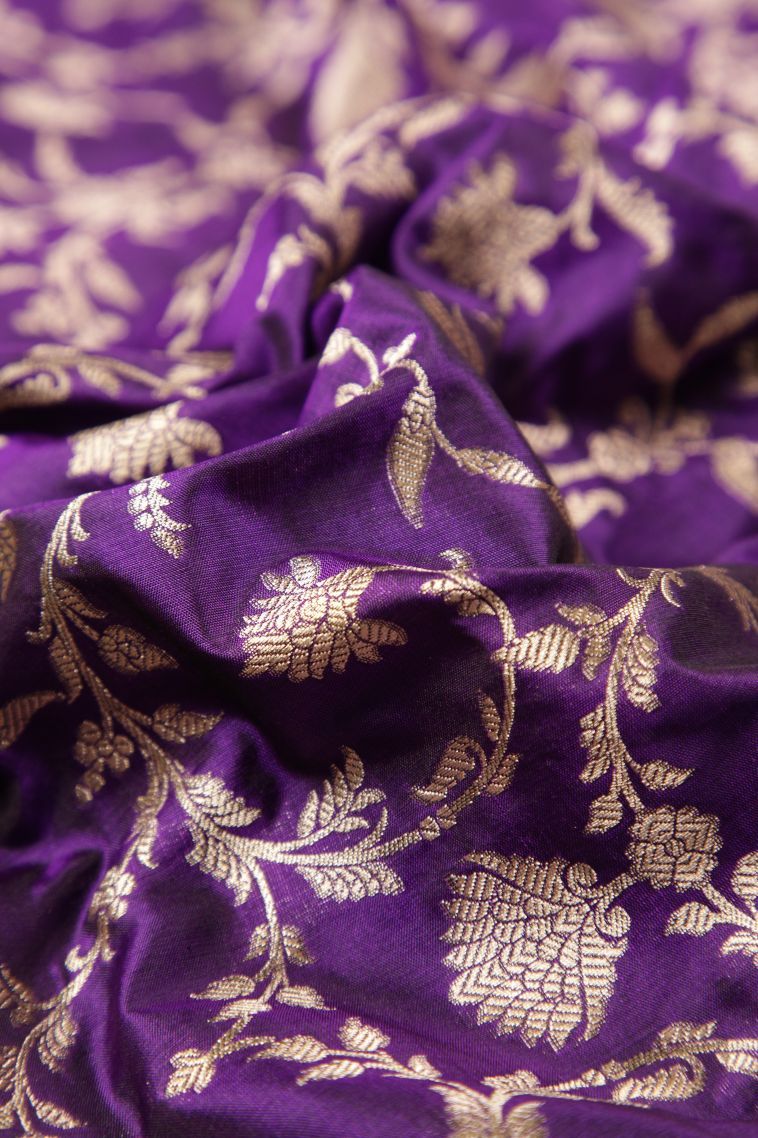 Viola Purple Banaras Silk Saree with Gold Zari Floral Patterns view 4