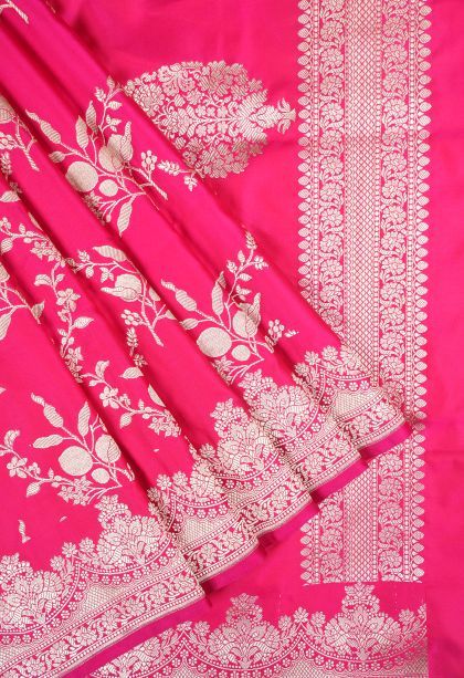 Magenta  Pink Banaras Sarees with Silver Zari Floral Patterns