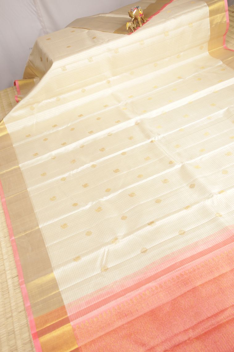 Coconut White Kanchipuram Silk Sarees with Gold Zari Checks view 2