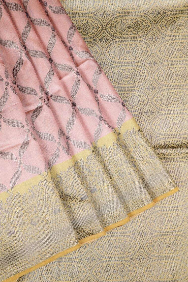 Coral Pink Tussar Saree with Without Zari Zari Floral Patterns view 1