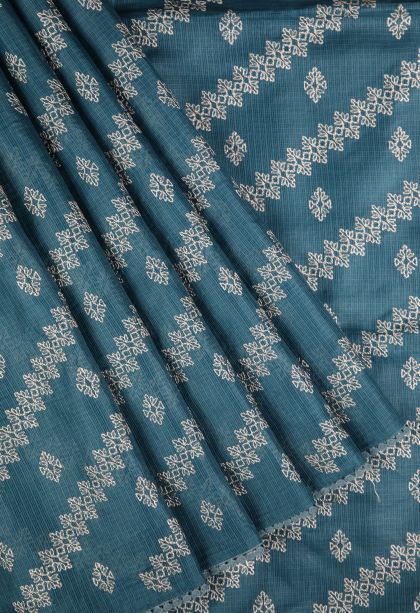 Aegean Blue Organza Saree with Without Zari Zari Floral Patterns