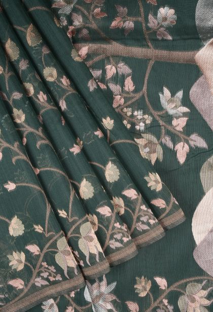 Basil Green Tussar Saree with Silver Zari Floral Patterns