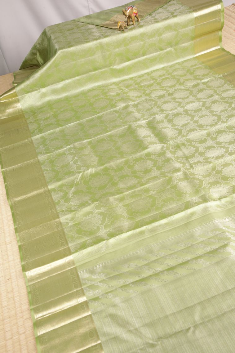 Pistachio Green Kanchipuram Silk Sarees with Gold Zari Floral Patterns view 2