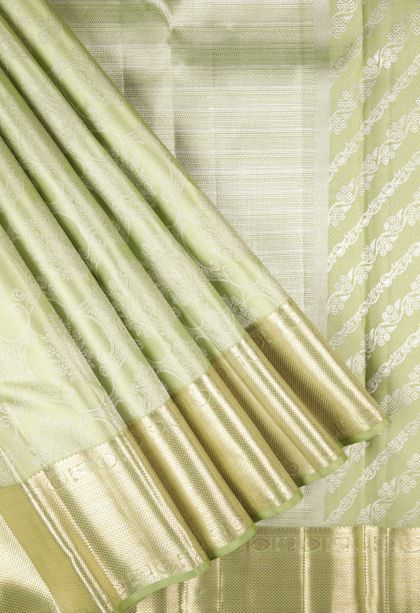 Pistachio Green Kanchipuram Silk Sarees with Gold Zari Floral Patterns