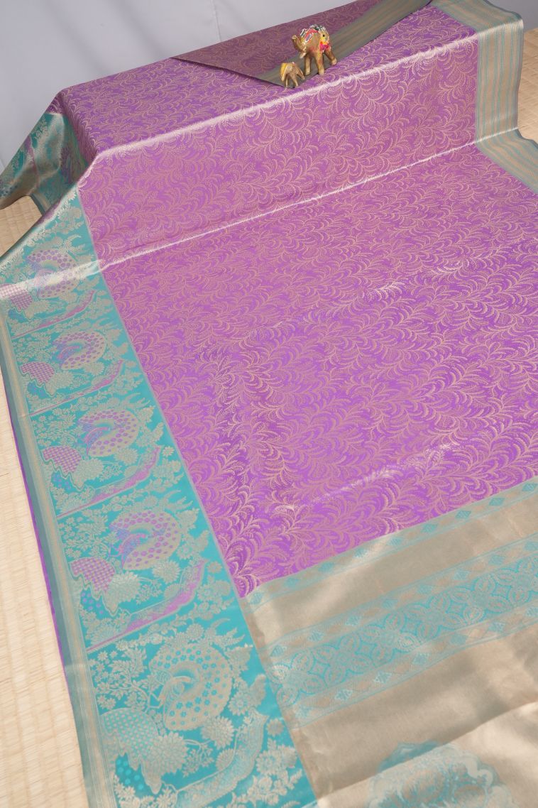Periwinkle Purple Tissue Silk Sarees with Copper Zari Floral Patterns view 2