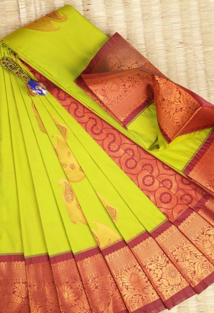 Lime Green Visiri Madippu Silk Sarees with Copper Zari Buttis (small Dots Or Motifs)