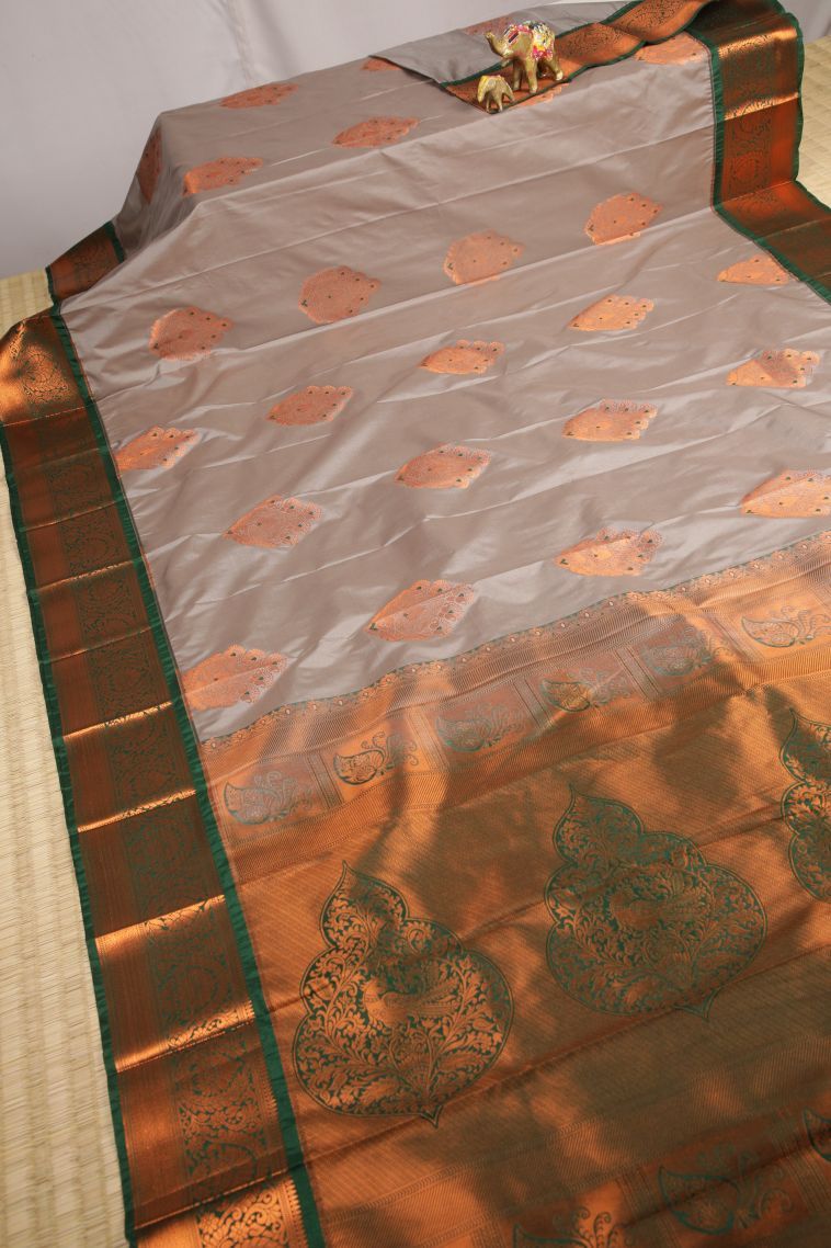 Gray Black Visiri Madippu Silk Sarees with Copper Zari Buttis (small Dots Or Motifs) view 2