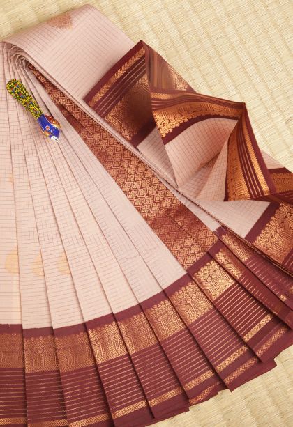 Crepe Pink Visiri Madippu Silk Sarees with Copper Zari Checks