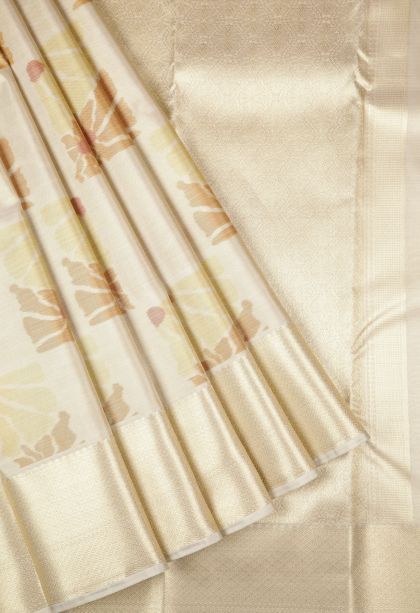 Cream White Soft Silk Sarees with Without Zari Zari Floral Patterns