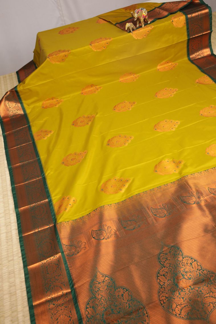 Lime Green Visiri Madippu Silk Sarees with Copper Zari Buttis (small Dots Or Motifs) view 2