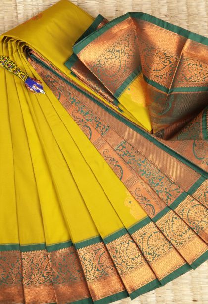 Lime Green Visiri Madippu Silk Sarees with Copper Zari Buttis (small Dots Or Motifs)