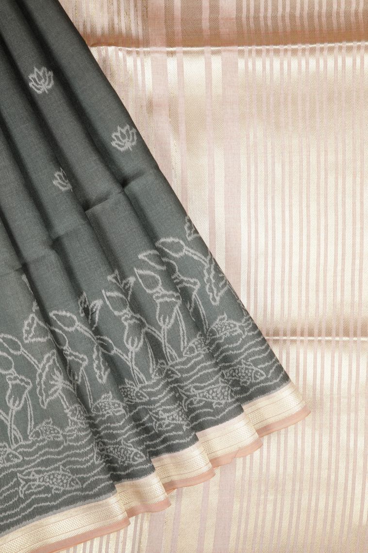 Eel Black Tussar Saree with Bronze Zari Buttis (small Dots Or Motifs) view 1