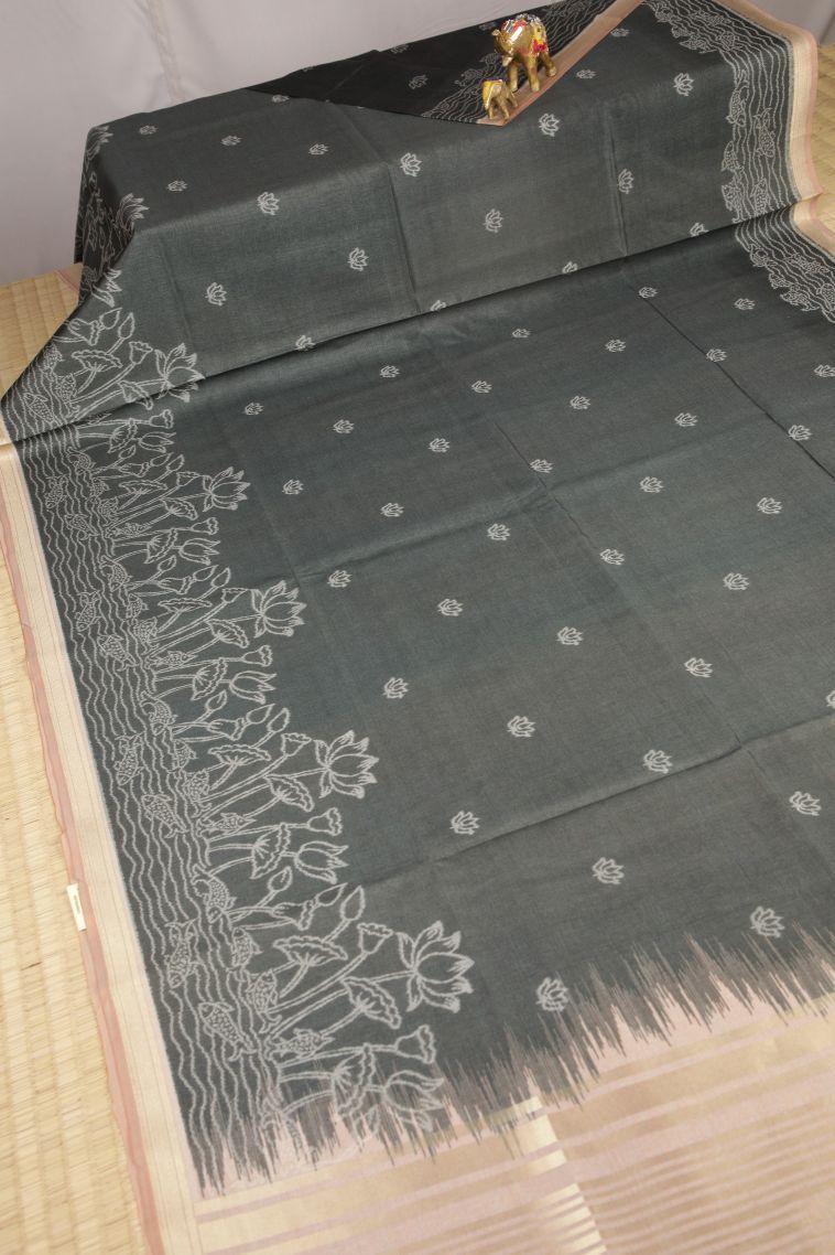 Eel Black Tussar Saree with Bronze Zari Buttis (small Dots Or Motifs) view 2