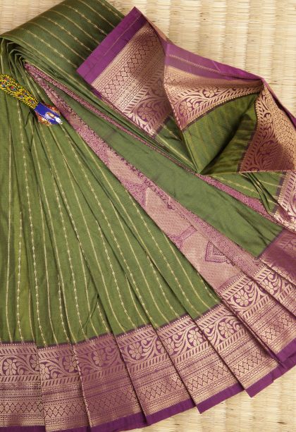 Basil Green Visiri Madippu Silk Sarees with Copper Zari Stripes