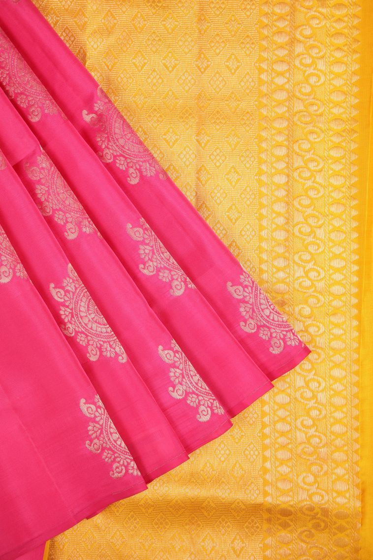 Hot Pink Soft Silk Saree with Copper Zari Buttis (small Dots Or Motifs) view 1