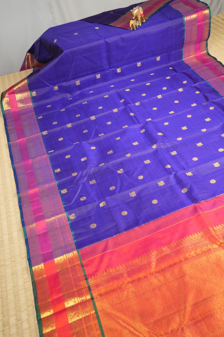 Azure Blue Kanchipuram Silk Sarees with Gold Zari Buttis (small Dots Or Motifs) view 2