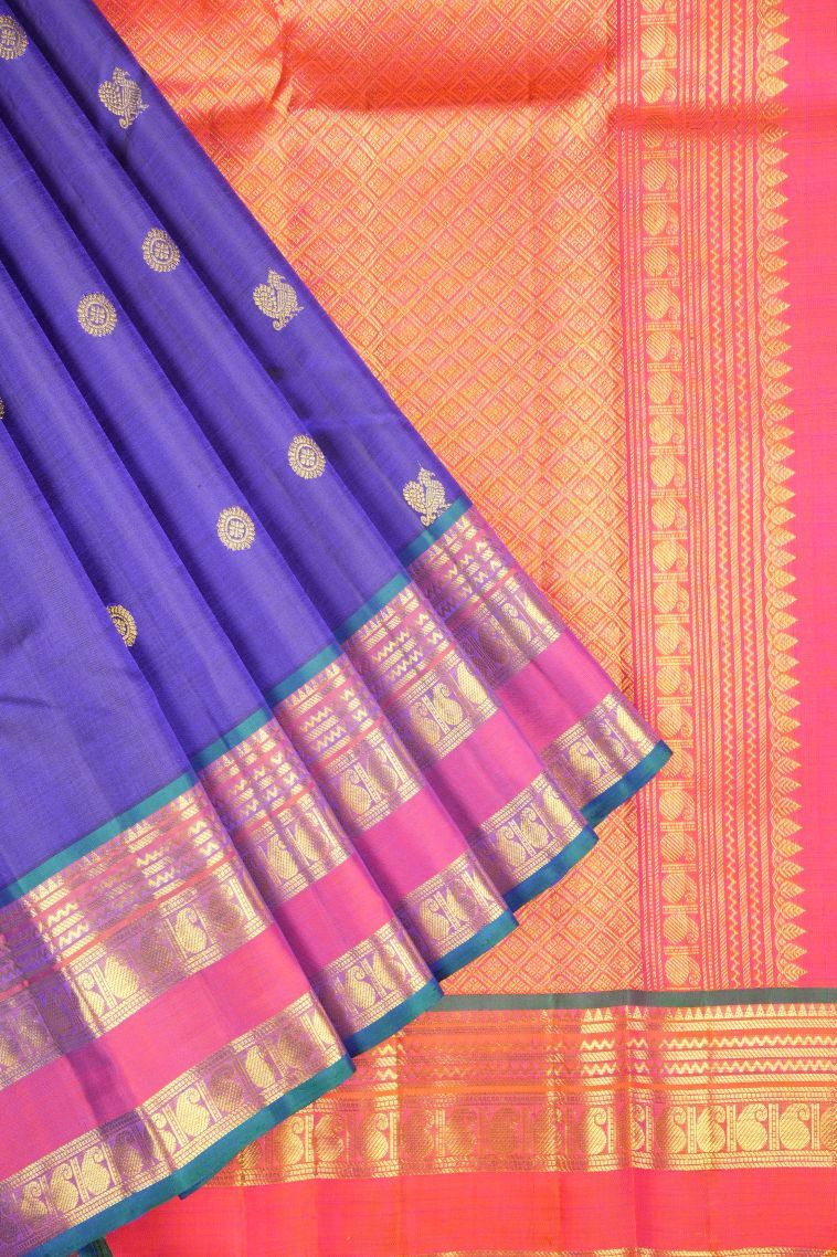 Azure Blue Kanchipuram Silk Sarees with Gold Zari Buttis (small Dots Or Motifs) view 1