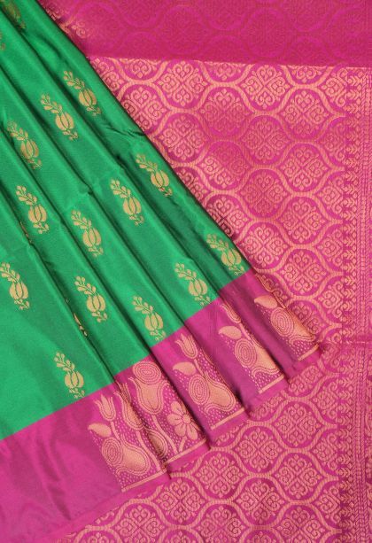 Shamrock Green Soft Silk Saree with Copper Zari Buttis (small Dots Or Motifs)