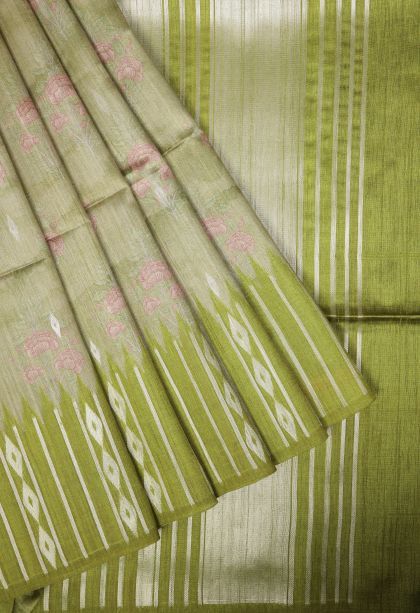 Lime Green Tussar Saree with Without Zari Zari Floral Patterns