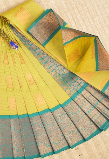Chartreuse Green Visiri Madippu Silk Sarees with Copper Zari Checks