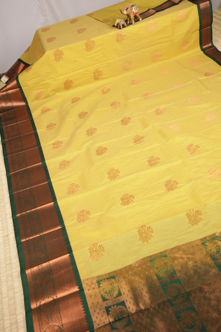 Lemon Yellow Visiri Madippu Silk Sarees with Copper Zari Stripes view 2