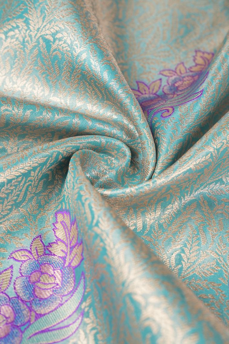 Sky Blue Tissue Silk Sarees with Copper Zari Floral Patterns view 4