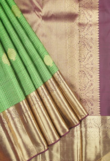 Juniper Green Kanchipuram Silk Sarees with Gold Zari Checks