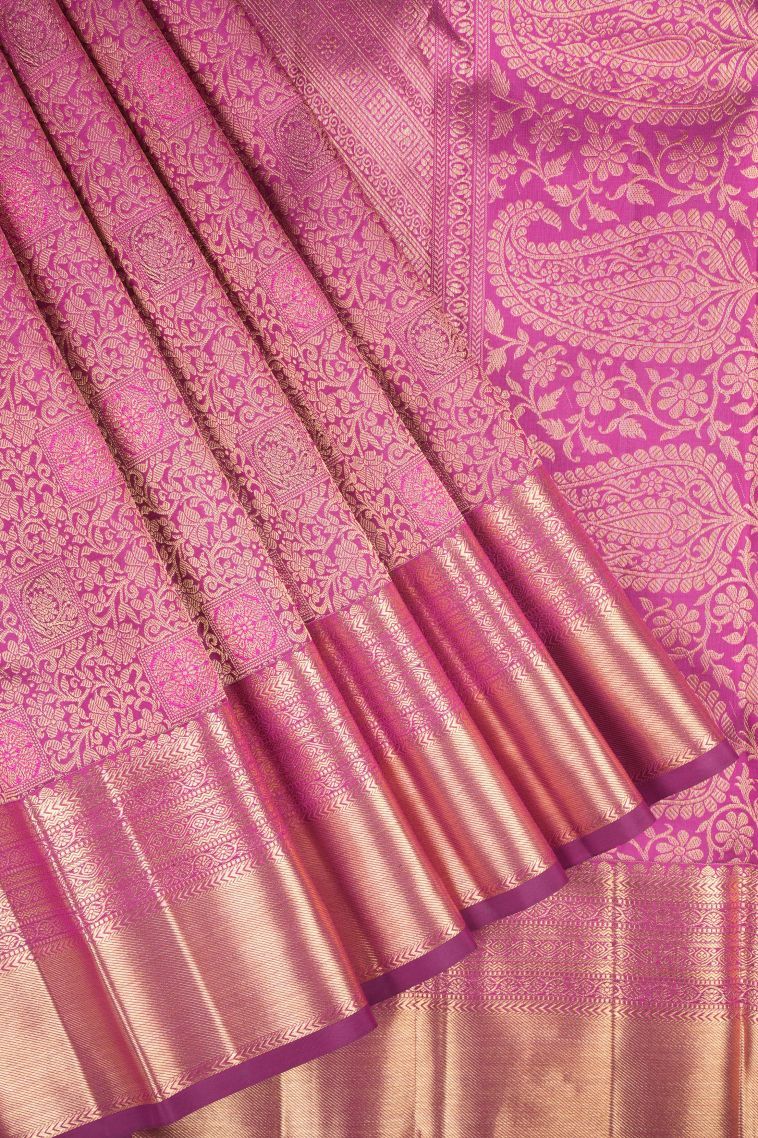 Magenta Purple Kanchipuram Silk Sarees with Gold Zari Floral Patterns view 1