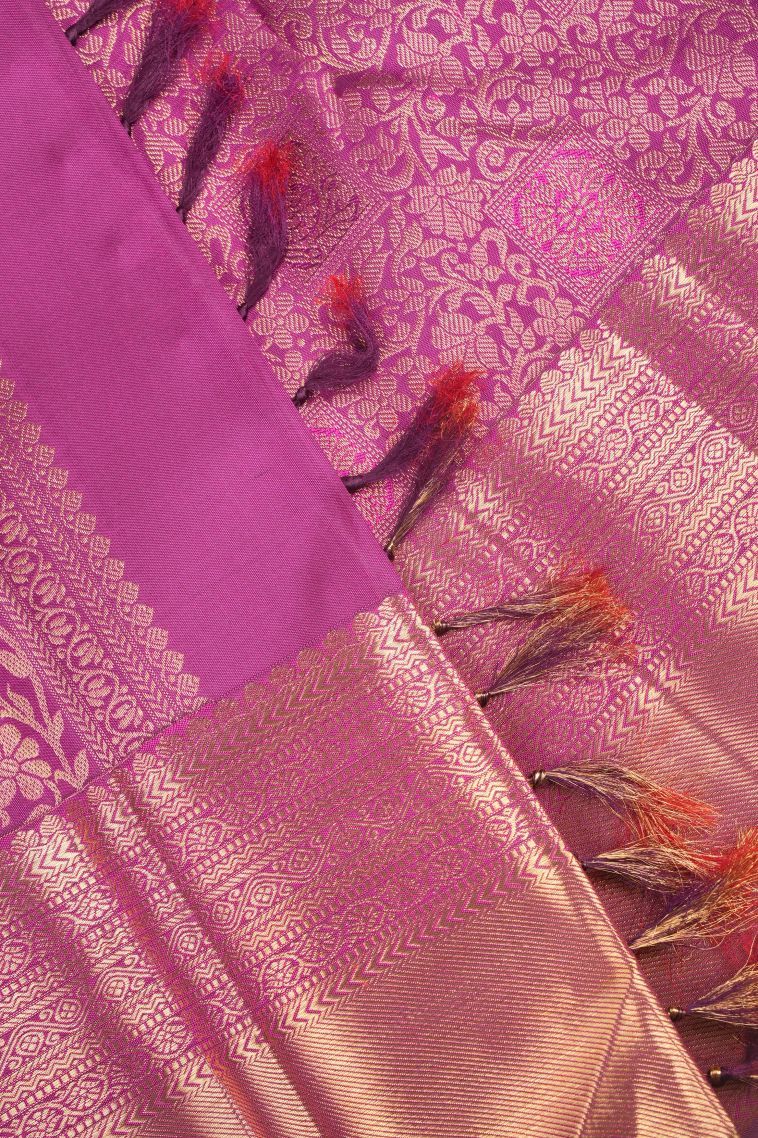 Magenta Purple Kanchipuram Silk Sarees with Gold Zari Floral Patterns view 4