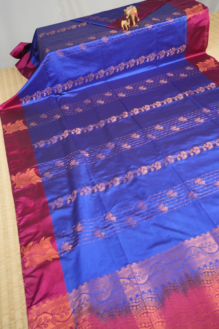Azure Blue Soft Silk Saree with Copper Zari Stripes view 2