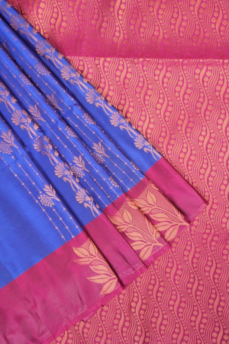 Azure Blue Soft Silk Saree with Copper Zari Stripes view 1
