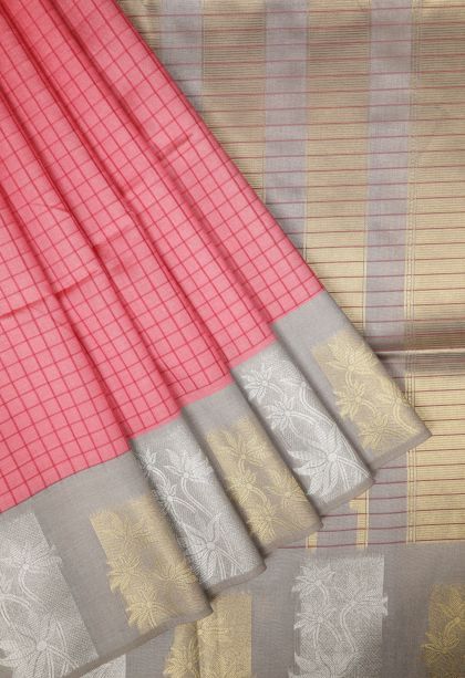 Ballet Pink Tussar Saree with Without Zari Zari Checks