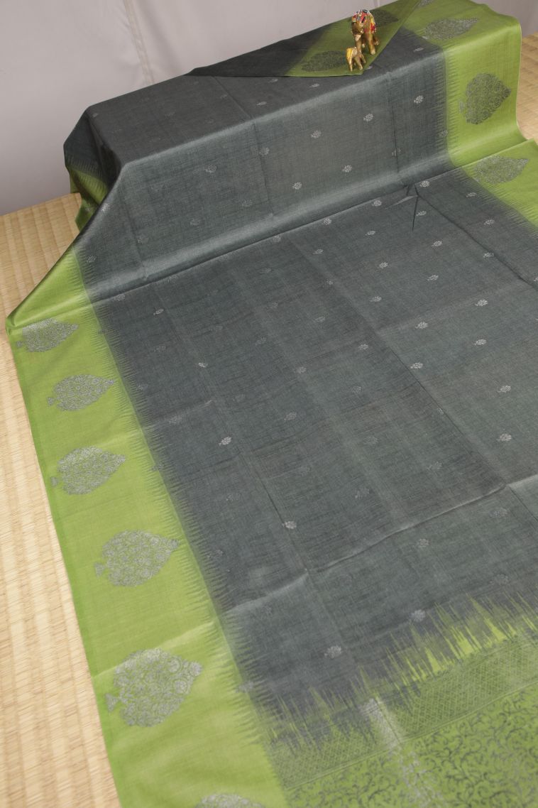 Stone Blue Tussar Saree with Bronze Zari Buttis (small Dots Or Motifs) view 2