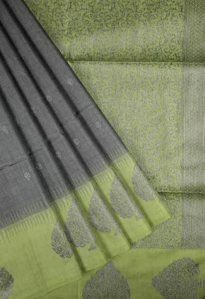 Stone Blue Tussar Saree with Bronze Zari Buttis (small Dots Or Motifs)