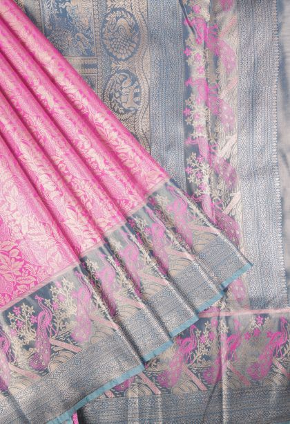 Bubblegum Pink Tissue Silk Sarees with Copper Zari Floral Patterns