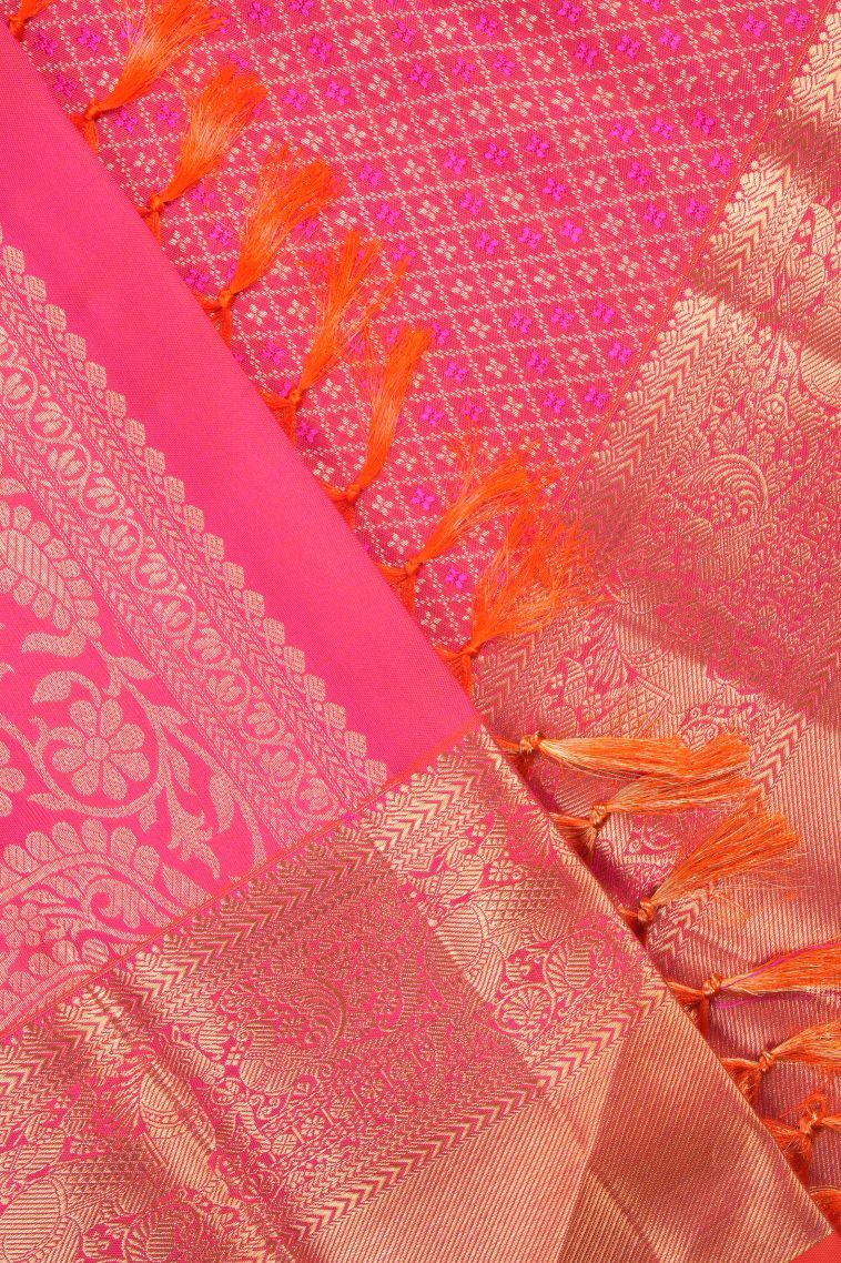 Strawberry Pink Kanchipuram Silk Sarees with Gold Zari Floral Patterns view 4