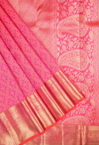 Strawberry Pink Kanchipuram Silk Sarees with Gold Zari Floral Patterns