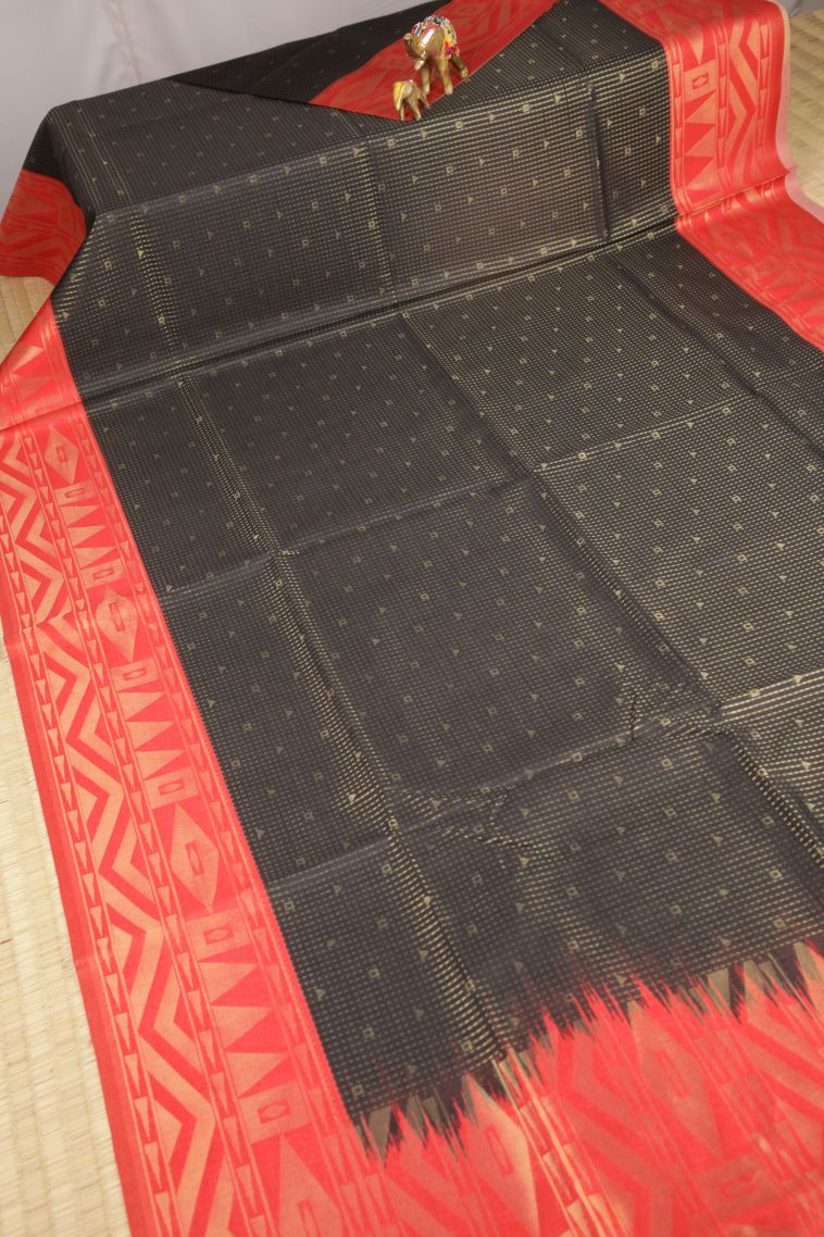 Asphalt Black Tussar Saree with Gold Zari Stripes view 2