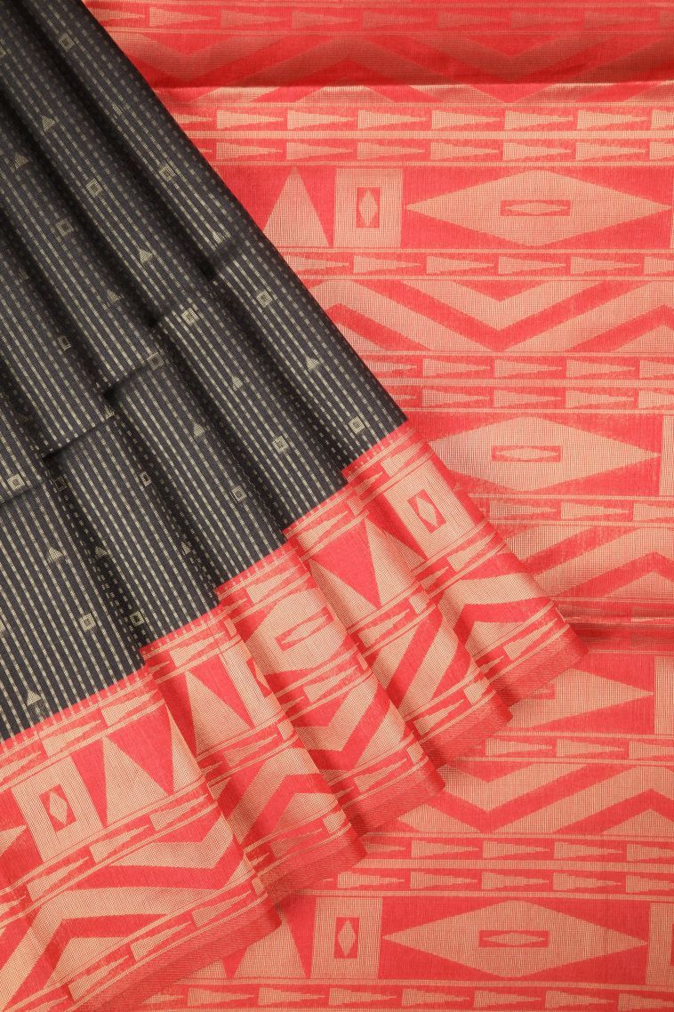 Asphalt Black Tussar Saree with Gold Zari Stripes view 1